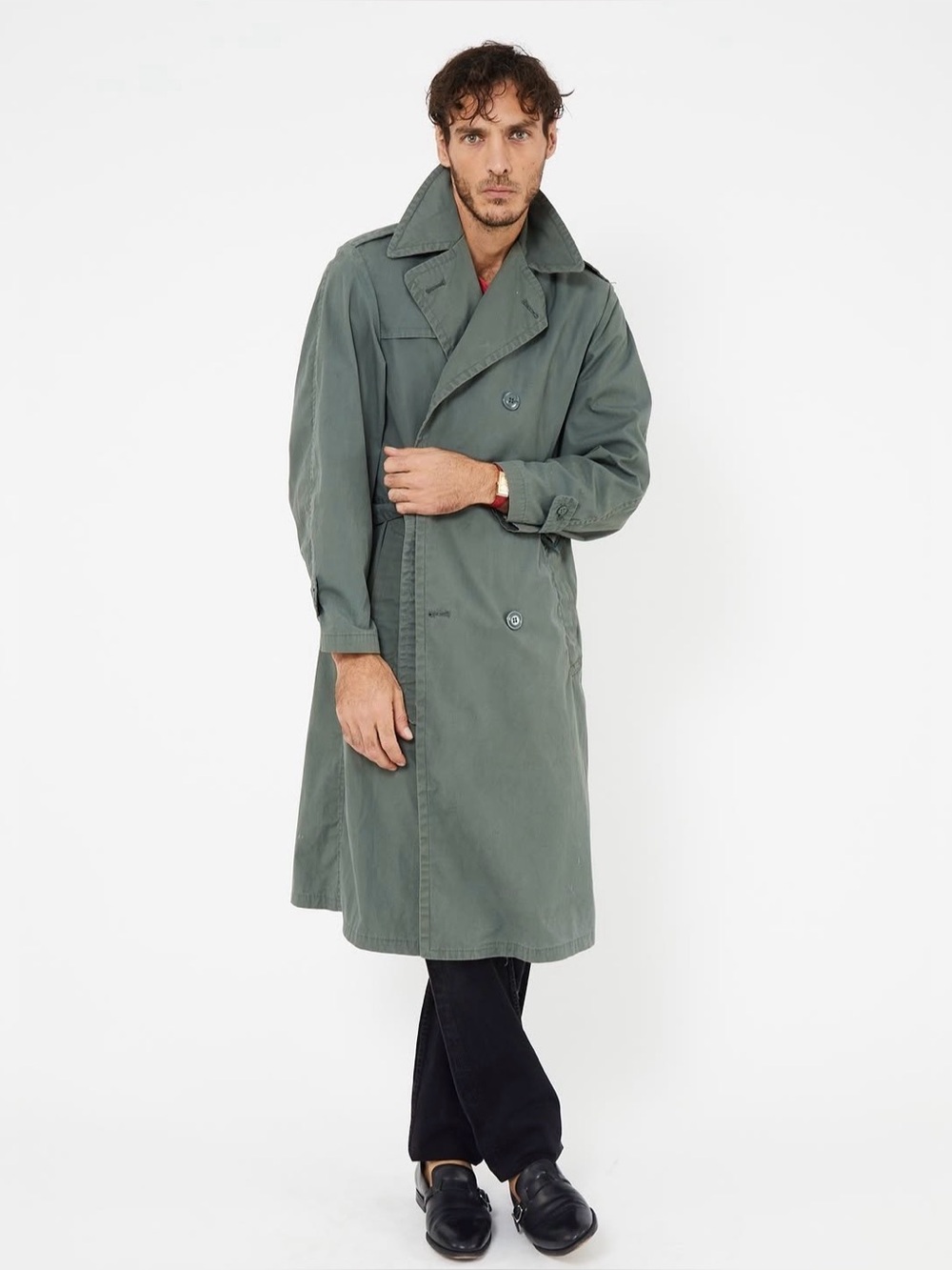 60s Military Double-Breasted Trench Coat - Dark Gray